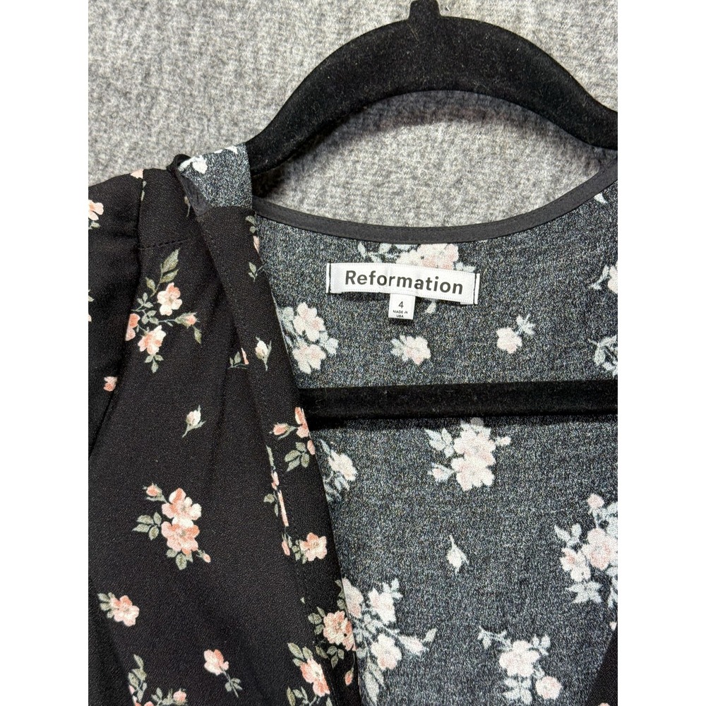 Reformation Dress Womens 4 Black Floral V-Neck Short Sleeve Button Front‎ Midi - Picture 4 of 15